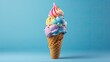 colorfull Melting ice cream cone on soft blue background in studio. Ice cream Explosion. food photography