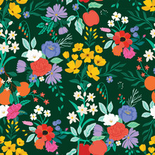 PrintColorful Vibrant Botanical Garden Pattern With Flowers And Fruits. Spring Summer Floral Pattern With Apples And Oranges. Repeat Background For Fashion , Fabric, Textile, Wallpaper, Book Cover Etc
