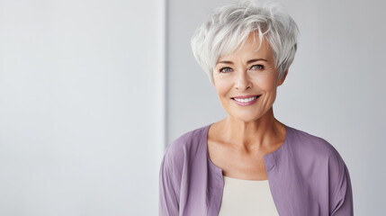 Poster - Joyful Canadian businesswoman in 60s, white hair, copy space