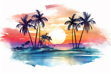 Sunset Over The Sea On Tropical Beach With Palm Tree And Colorful Sky Watercolor Vector Generative AI