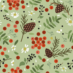 Wall Mural - Vector seamless summer nature pattern with leaves, berries and plants.