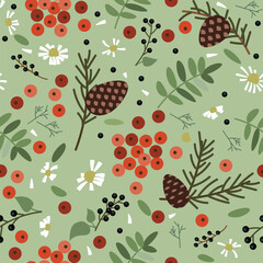 Wall Mural - Vector seamless summer nature pattern with leaves, berries and plants.