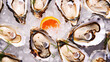 © AngrySun - Top view on fresh oysters laying on crushed ice. Seafood background. Generative AI