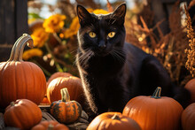 Black Cat And Orange Pumpkins Outdoors On Autumn Day. Halloween Concept