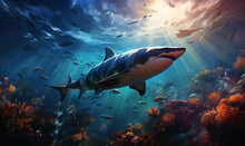 Underwater World, Close-up Shark Swims At Depth.