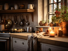 Rural Cottage Style Kitchen Filled With Natural Light And Candlelight In Wooden Finishes. Natural Style For Comfortable Family Living, Relaxed And Peaceful Lifestyle. Well Lived In Space.