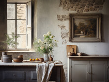 French Rural Cottage Style Kitchen Filled With Natural Light And Antique Wooden Finishes, Natural Finishes For Comfortable Family Living, Relaxed And Peaceful Lifestyle, Antique Art On The Walls And F
