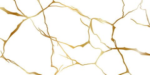 Gold kintsugi repair cracks background texture vector illustration isolated on white background. Broken foil marble pattern with golden dry cracks. Wedding card, cover or print pattern Japanese motif.