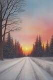 Fototapeta  - Snow road in country side. AI generated illustration