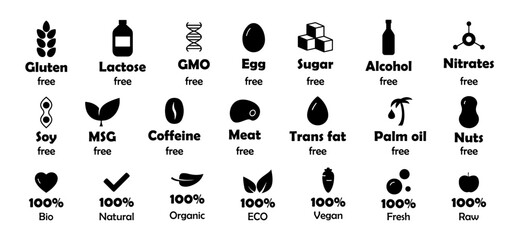 Wall Mural - Set of ingredient free labels for product and food. Allergen free icons. Dietary restrictions icon collection. Free of sugar, lactose, alcohol, soy, nitrates, nuts