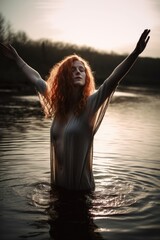 Poster - young woman standing with her arm outstretched in the water