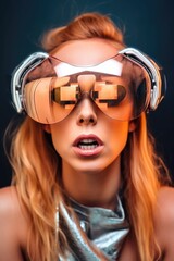 Poster - shot of a beautiful young woman wearing futuristic sunglasses and looking surprised