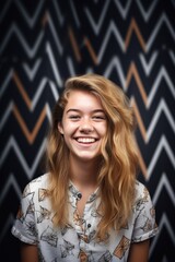 Sticker - studio shot of a smiling young woman against a geometric background