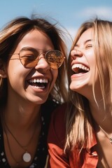 Wall Mural - cropped shot of two friends laughing together