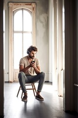 Sticker - shot of a handsome young man sitting in an empty room and using his cellphone while listening to music