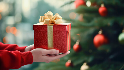 Red festive New Year gift box with a yellow bow in the hands of a child on the background of a green Christmas tree