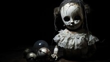 Scary Halloween Concept. Scary Little Girl With Doll Face On Dark Background.