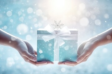 Close up of human hands holding blue gift box with christmas tree