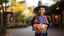 Little Boy In Halloween Costume Holding A Basket Of Candies