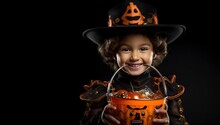 Little Boy In Costume Of Witch With Bucket Of Candies For Halloween