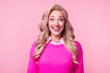 Sticker - Photo of astonished impressed lovely lady wavy hairstyle dressed stylish pullover isolated on pink color background