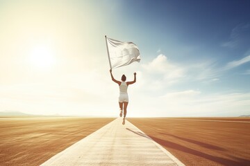 Wall Mural - Young woman holding a white flag and jumping on the road with sunlight