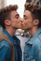 Wall Mural - cropped shot of a young gay couple kissing in a city