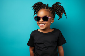Wall Mural - design mockup: little black girl with sunglasses wearing black blank t-shirt on a dark background