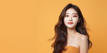 Creative Portrait Of Asian Pretty Young Woman Isolated On Flat Background With Copy Space. Banner Template For Korean Cosmetics And Japanese Skin And Facial Care Products.