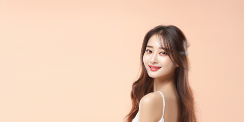 Wall Mural - Creative portrait of asian pretty young woman isolated on flat background with copy space. Banner template for Korean cosmetics and Japanese skin and facial care products.
