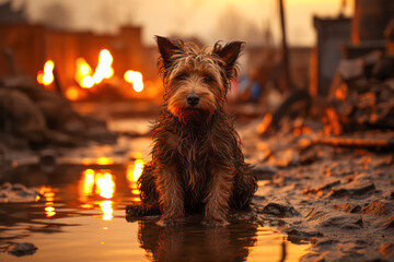 Verängstigter, traumatisierter Hund in brennender Stadt