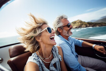 Happy Smile Aged Couple Man And Woman Traveling In Car Convertible The Coast On Summer Sunny Day.
