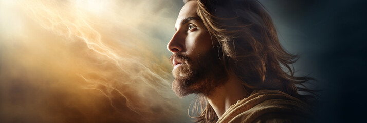 Poster - Jesus Christ depicted with a gentle expression, surrounded by a heavenly glow, bringing a sense of peace and serenity.