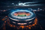 Fototapeta Sport - Aerial view on soccer stadium in evening time, Football arena with people city, championship, live TV channel, Broadcast of the match