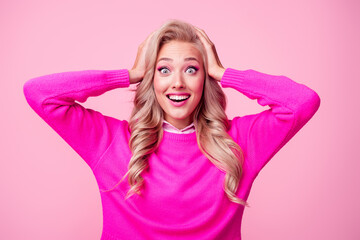 Wall Mural - Photo of excited funky lady wear sweater smiling arms head open mouth isolated pink color background