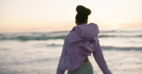 Poster - Back, freedom and energy with a woman at the beach for running, fitness or training in nature. Summer, sunset and excitement with a female tourist by the ocean for travel, vacation or holiday