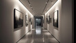 Wander through a corridor that is the epitome of minimalist elegance. The walls, painted in a soft off-white, are adorned with sporadic black and white photographs in slender frames. The floor, a poli
