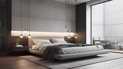 Venture into a minimalist bedroom that champions solitude and rest. A platform bed, with its understated design, is dressed in organic cotton linens in shades of gray and white. Flanking the bed are t