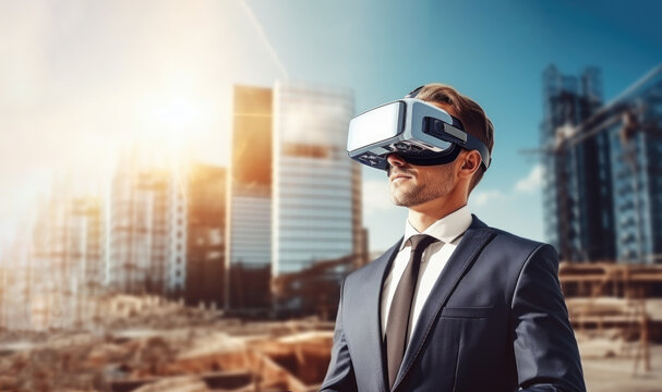 Wall Mural -  - Property developer, businessman visualizing construction investment with virtual reality headset