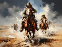 A Painting Of Two Men Riding Horses In The Desert. Digital Image.
