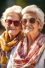 Wall Mural - portrait of two senior women enjoying a day together outside