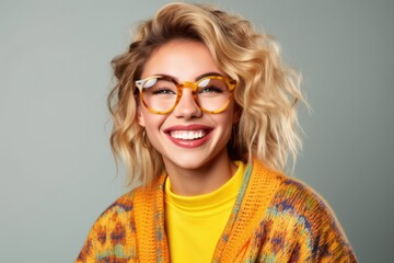 Wall Mural - studio shot of an attractive young woman wearing a smiley face sweater and trendy eyeglasses