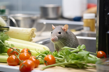 Rat sitting between food in industrial restaurant kitchen