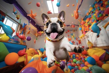 Playful Frenchie bulldog in the room full of toys