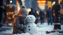 Snowman Sitting  With A Girl, Snow Filling The Air At Shibuya Tokyo, Ai Generated.