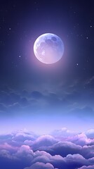 Wall Mural - Purple and blue gradient night mystical moonlight moon with fluffy magical clouds phone hd background wallpaper, ai generated