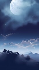 Wall Mural - Dark deep blue gradient night mystical moonlight moon with fluffy magical clouds phone hd background wallpaper, ai generated