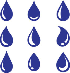set of blue Water drop shape icon. Water or rain drops shape icon. Blood or oil drop. Plumbing logo. Flat style outline. glossy water drops isolated on white background.