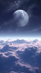 Wall Mural - Dark gradient night mystical moonlight eclipse moon with fluffy clouds phone hd background wallpaper, ai generated