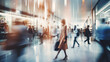 © Nico Vincentini - Blurred background featuring a modern shopping mall with various shoppers. Fashionable women are observing a showcase, captured with motion blur. Shoppers carrying shopping bags. Generative AI